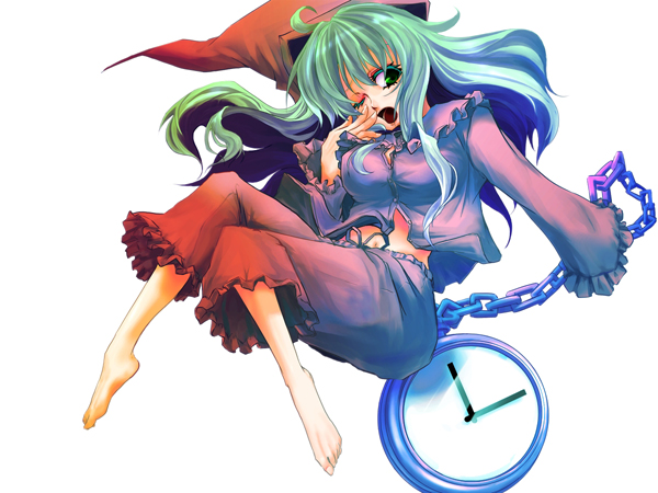 kazami yuuka, kazami yuuka (pc-98), lotus land story, touhou, touhou (pc-98), 1girl, ;o, barefoot, blush, chain, clock, female focus, frilled skirt, frills, full body, green eyes, green hair, long skirt, long sleeves, looking at viewer, matching hair/eyes, one eye closed, open mouth, pajamas, red shirt, red skirt, shirt, simple background, skirt, solo, toes, white background, yawning