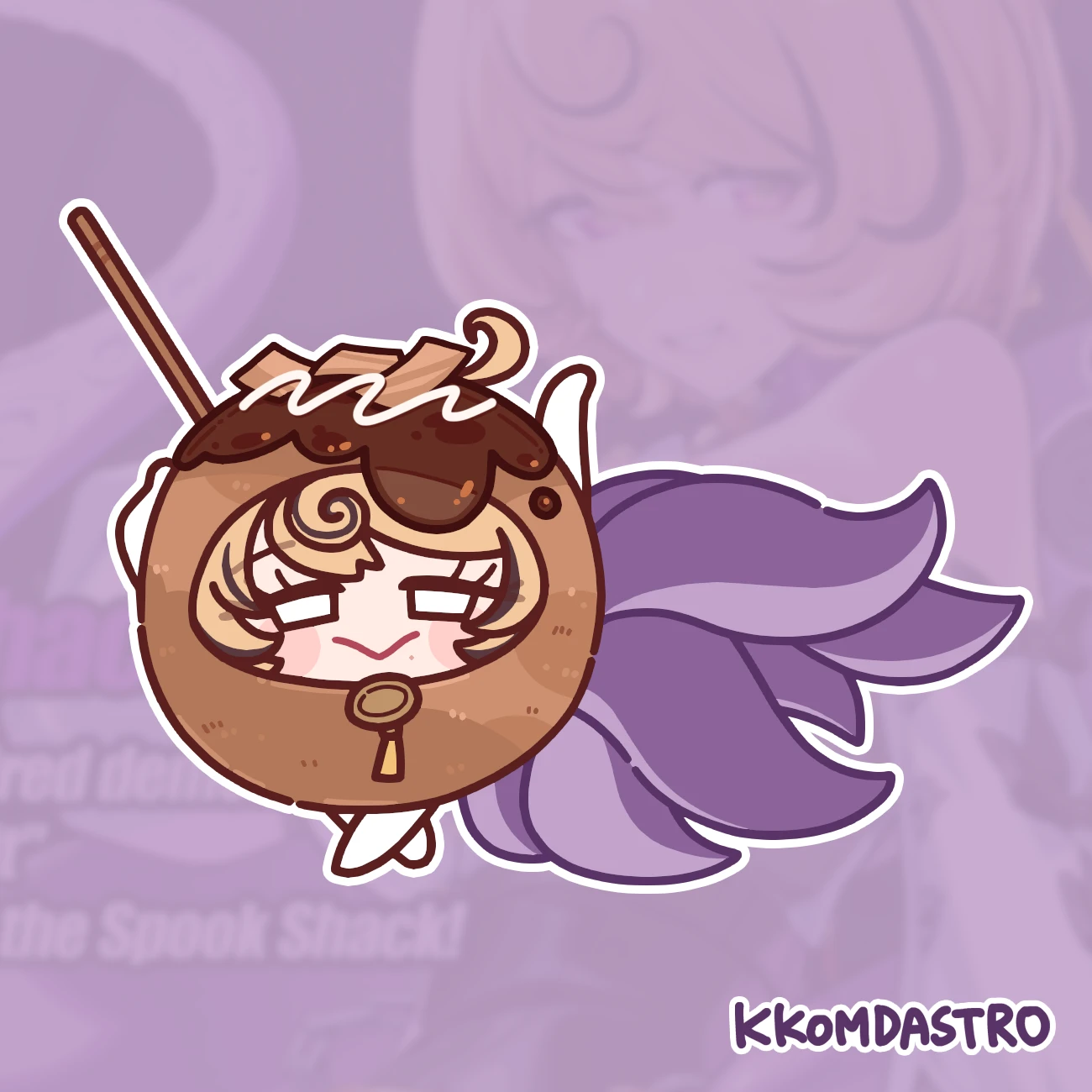 kkomdastro, yidhari (zenless zone zero), zenless zone zero, commentary, english commentary, highres, official art, 1girl, arm up, artist name, blank eyes, blonde hair, blush stickers, chibi, closed mouth, crossed legs, curly hair, english text, eyelashes, food, foodification, hand up, looking at viewer, mole, mole under mouth, official art inset, purple theme, smile, solo, stick, swept bangs, takoyaki, tentacles, zipper