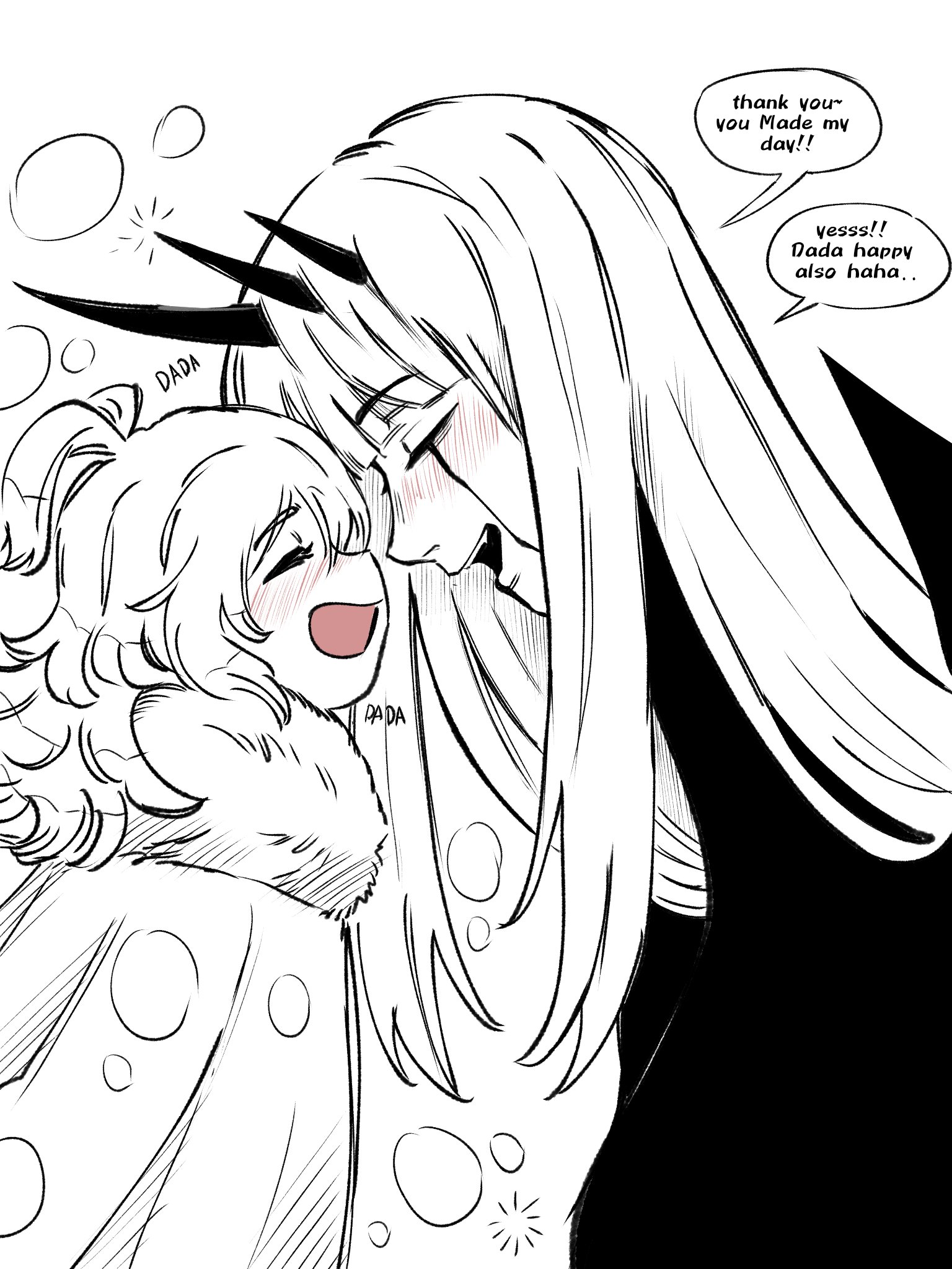 jasper xandros, kobo kanaeru, mori calliope, hololive, hololive english, hololive indonesia, highres, 2girls, blush, breasts, closed eyes, english text, facial mark, father and son, hair between eyes, long hair, multiple girls, no humans, open mouth, simple background, smile, teeth, white background