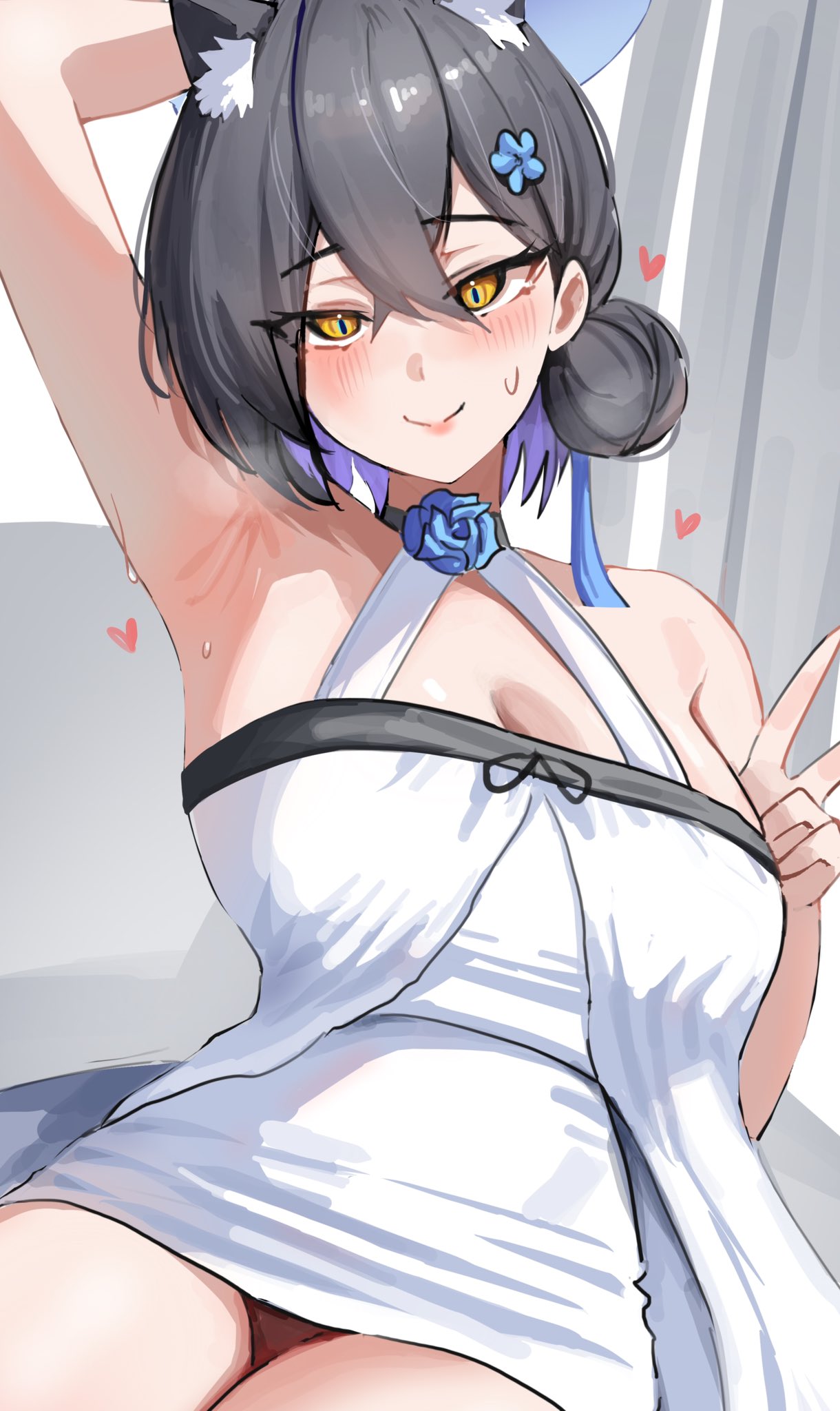 fluffyebi01, kaguya (blue archive), blue archive, highres, 1girl, alternate costume, animal ear fluff, animal ears, arm up, armpits, bare shoulders, blue flower, blush, breasts, cleavage, closed mouth, cowboy shot, dress, eyeliner, flower, hair between eyes, hair bun, hair flower, hair ornament, halter dress, halterneck, heart, large breasts, looking at viewer, makeup, multicolored hair, short dress, short hair, slit pupils, smile, solo, sweat, two-tone hair, v, white dress, yellow eyes