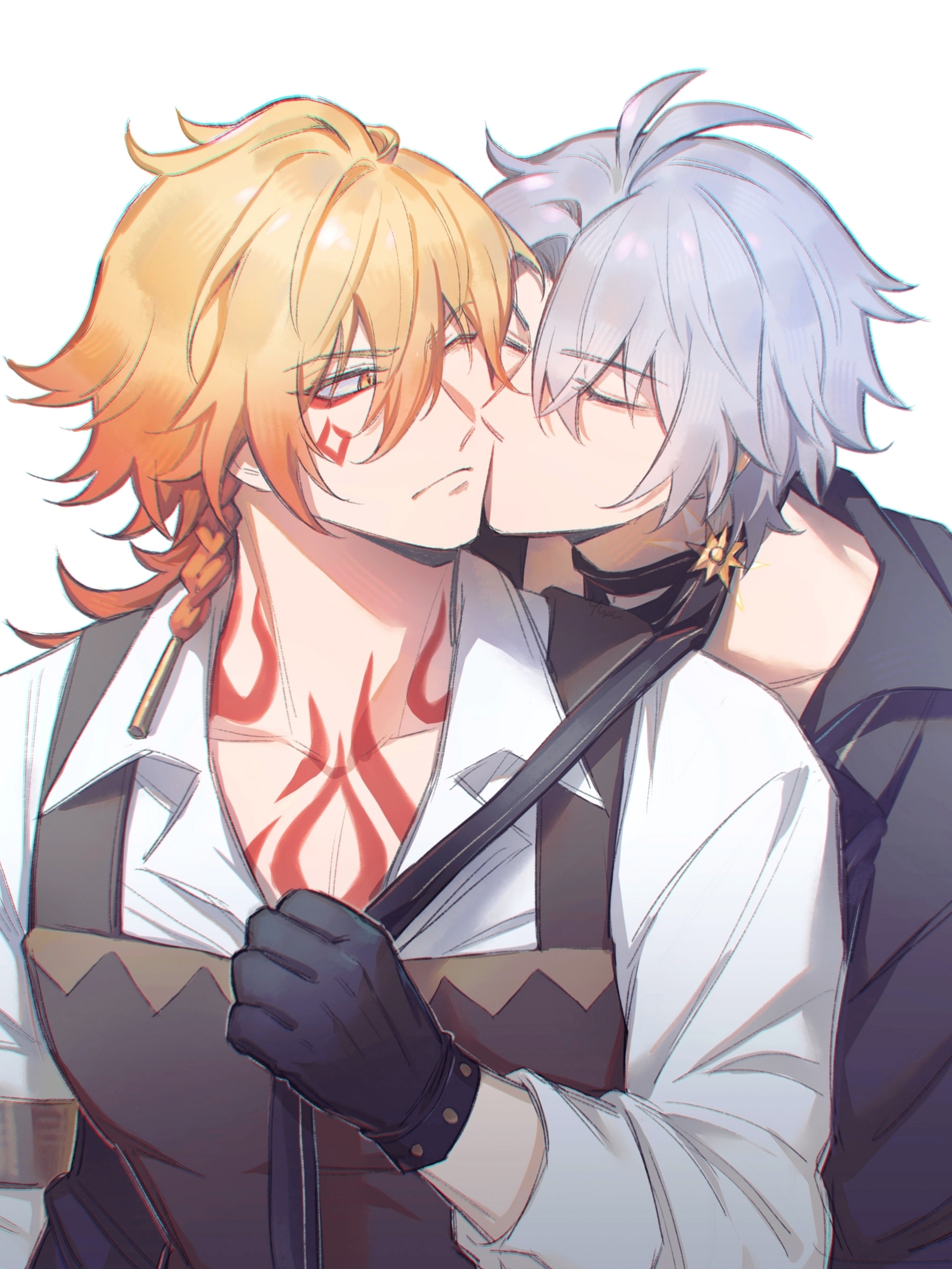 mydei (delicacies) (honkai: star rail), mydei (honkai: star rail), phainon (fashion) (honkai: star rail), phainon (honkai: star rail), honkai: star rail, honkai (series), absurdres, chinese commentary, commentary request, highres, 2boys, antenna hair, apron, black choker, black gloves, black shirt, blonde hair, braid, brown apron, chest tattoo, choker, closed eyes, collared shirt, facial tattoo, gloves, gradient hair, hair between eyes, kiss, kissing cheek, looking at another, male focus, medium hair, multicolored hair, multiple boys, official alternate costume, red hair, red tattoo, shirt, short hair, side braid, simple background, tattoo, white background, white hair, white shirt, yaoi, yellow eyes, yixi5680