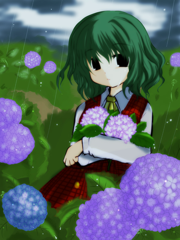 futami yayoi, kazami yuuka, touhou, 1girl, ascot, black eyes, female focus, flower, green hair, hugging object, hydrangea, looking at viewer, plaid clothes, plaid skirt, plaid vest, rain, red eyes, short hair, skirt, skirt set, solo, vest