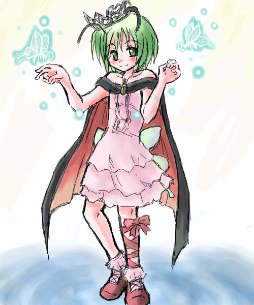suichuu hanabi, princess wriggle, wriggle nightbug, touhou, 1girl, antennae, bug, butterfly, cape, dress, female focus, fusuma, green eyes, green hair, matching hair/eyes, sliding doors, solo