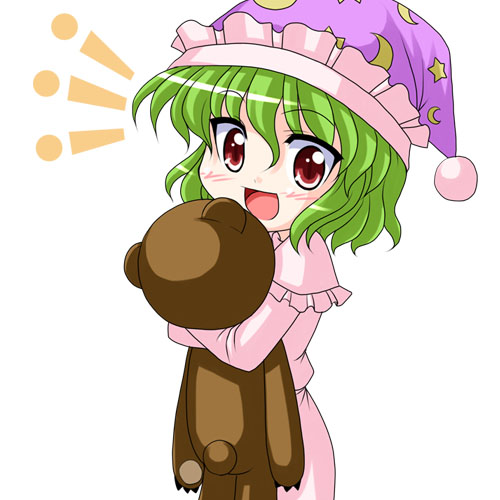 bococho, kazami yuuka, kazami yuuka (pc-98), lotus land story, touhou, touhou (pc-98), lowres, 1girl, chibi, doll, female focus, green hair, hat, pajamas, red eyes, simple background, solo, stuffed animal, stuffed toy, teddy bear