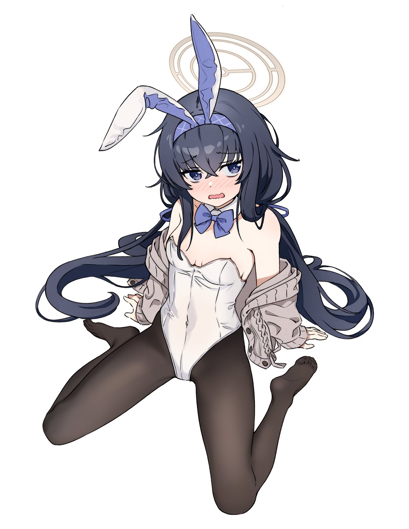admiralkeyes, ui (blue archive), blue archive, commentary, highres, 1girl, animal ears, bags under eyes, black hair, black pantyhose, blue hairband, blush, breasts, brown halo, cardigan, detached collar, fake animal ears, grey cardigan, hair between eyes, hairband, halo, leotard, long hair, long sleeves, looking at viewer, pantyhose, playboy bunny, purple hairband, rabbit ears, small breasts, solo, strapless, strapless leotard, very long hair, white leotard