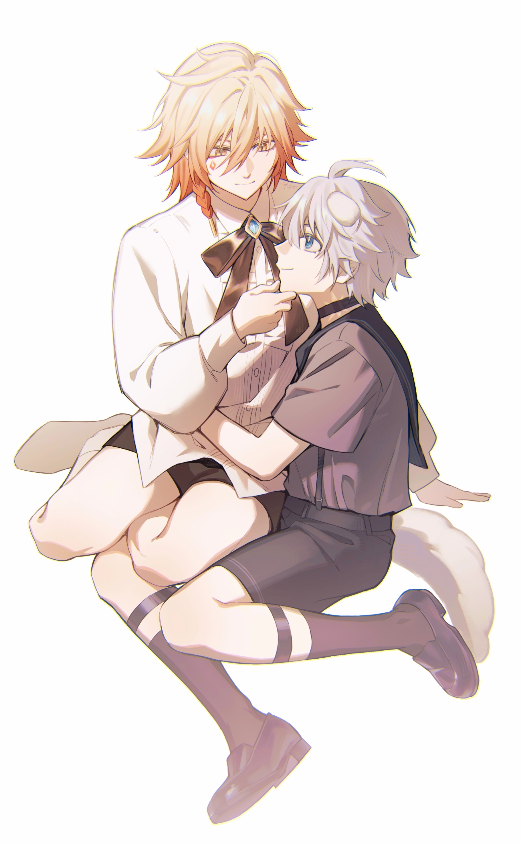 mydei (honkai: star rail), phainon (honkai: star rail), honkai: star rail, honkai (series), absurdres, chinese commentary, commentary request, highres, 2boys, aged down, alternate costume, animal ears, antenna hair, black choker, black ribbon, black shoes, black shorts, black socks, blonde hair, blue eyes, braid, choker, dog boy, dog ears, dog tail, facial tattoo, gradient hair, grey shirt, hair between eyes, hand on another's chin, long sleeves, male focus, medium hair, multicolored hair, multiple boys, neck tattoo, puffy long sleeves, puffy sleeves, red hair, red tattoo, ribbon, shirt, shoes, short hair, short sleeves, shorts, side braid, simple background, socks, sun symbol, sun tattoo, tail, tan, tattoo, white background, white hair, white shirt, white socks, yaoi, yellow eyes, yixi5680