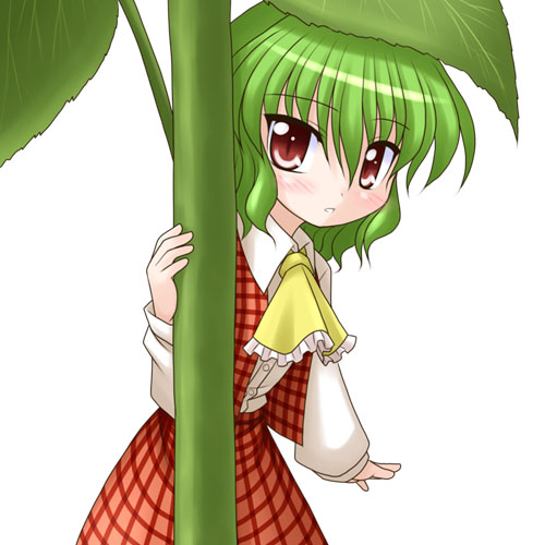 bococho, kazami yuuka, touhou, lowres, 1girl, ascot, female focus, green hair, leaf, mini person, minigirl, plaid clothes, plaid skirt, plaid vest, plant, red eyes, short hair, skirt, skirt set, slit pupils, solo, vest, white background