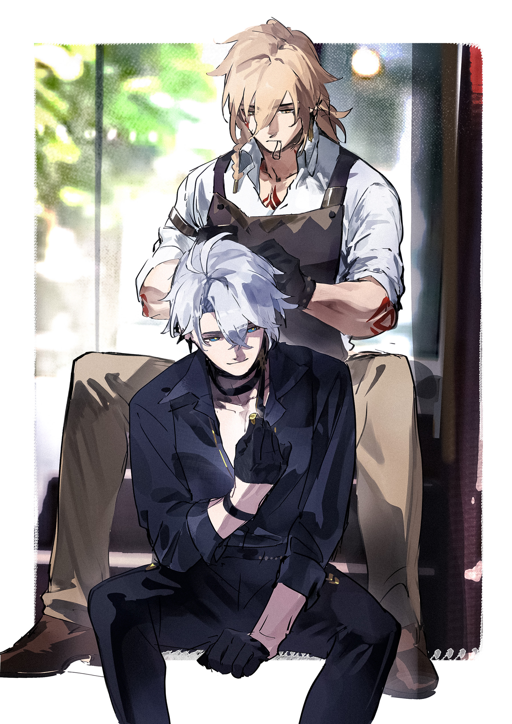 mydei (delicacies) (honkai: star rail), mydei (honkai: star rail), phainon (fashion) (honkai: star rail), phainon (honkai: star rail), honkai: star rail, honkai (series), absurdres, chinese commentary, commentary request, highres, 2boys, adjusting another's hair, antenna hair, arm tattoo, black choker, black gloves, black pants, black shirt, blonde hair, blue eyes, braid, chest tattoo, choker, collared shirt, earclip, facial tattoo, gloves, gold ring, half gloves, holding, holding jewelry, holding ring, jewelry, male focus, medium hair, mouth hold, multiple boys, official alternate costume, pants, parted bangs, pectoral cleavage, pectorals, ponytail, red tattoo, ring, shirt, short hair, side braid, sweetdante, tattoo, white hair, white shirt, yellow eyes