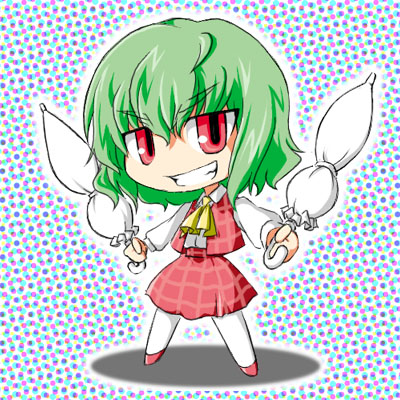 kazami yuuka, touhou, lowres, 1girl, ascot, chibi, closed umbrella, dual wielding, female focus, green hair, grin, holding, pantyhose, plaid clothes, plaid skirt, plaid vest, red eyes, short hair, skirt, skirt set, smile, solo, umbrella, vest