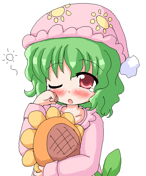 geetsu, kazami yuuka, kazami yuuka (pc-98), touhou, touhou (pc-98), 1girl, blush, female focus, green hair, hat, nightcap, pajamas, pink hat, red eyes, simple background, sleepy, solo, upper body, white background