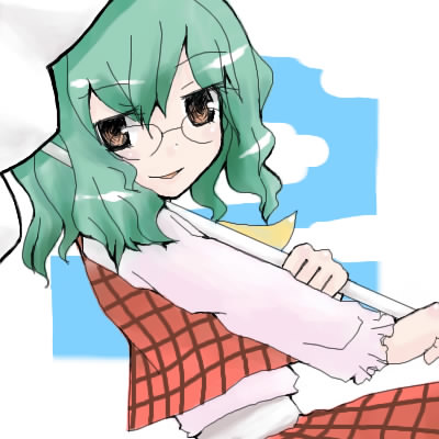 kazami yuuka, touhou, lowres, 1girl, ascot, bespectacled, female focus, glasses, green hair, plaid clothes, plaid skirt, plaid vest, short hair, skirt, skirt set, smirk, solo, umbrella, vest