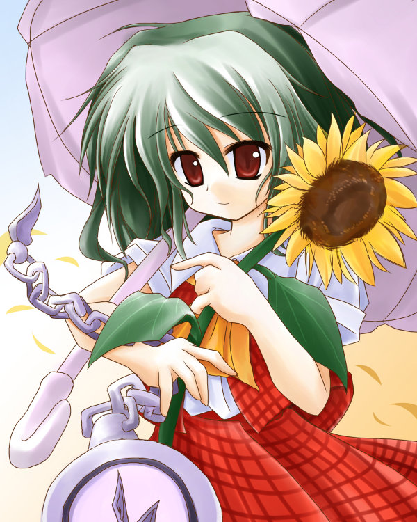 kazami yuuka, touhou, 1girl, ascot, chain, dress, female focus, flower, green hair, plaid clothes, plaid skirt, plaid vest, red eyes, short hair, skirt, skirt set, slit pupils, solo, sunflower, umbrella, vest