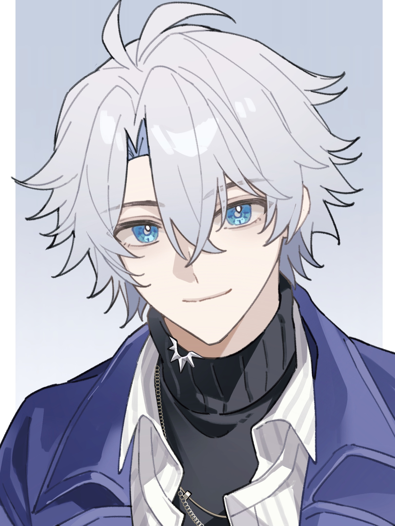 ruiz-tutu, phainon (honkai: star rail), honkai: star rail, honkai (series), chinese commentary, commentary request, highres, 1boy, antenna hair, black sweater, blue eyes, coat, collared shirt, looking at viewer, male focus, official alternate costume, parted bangs, phainon (luckin coffee) (honkai: star rail), purple coat, shirt, short hair, solo, sweater, turtleneck, turtleneck sweater, white hair, white shirt
