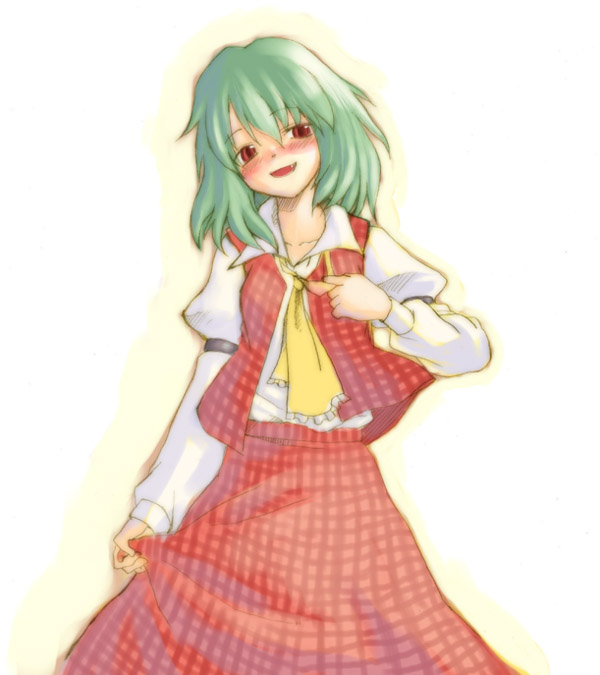 nametake, kazami yuuka, touhou, 1girl, :d, ascot, blush, collar, fang, female focus, green hair, open mouth, plaid clothes, plaid skirt, plaid vest, red eyes, seductive smile, short hair, skirt, skirt hold, skirt set, smile, solo, untying, vest, white background