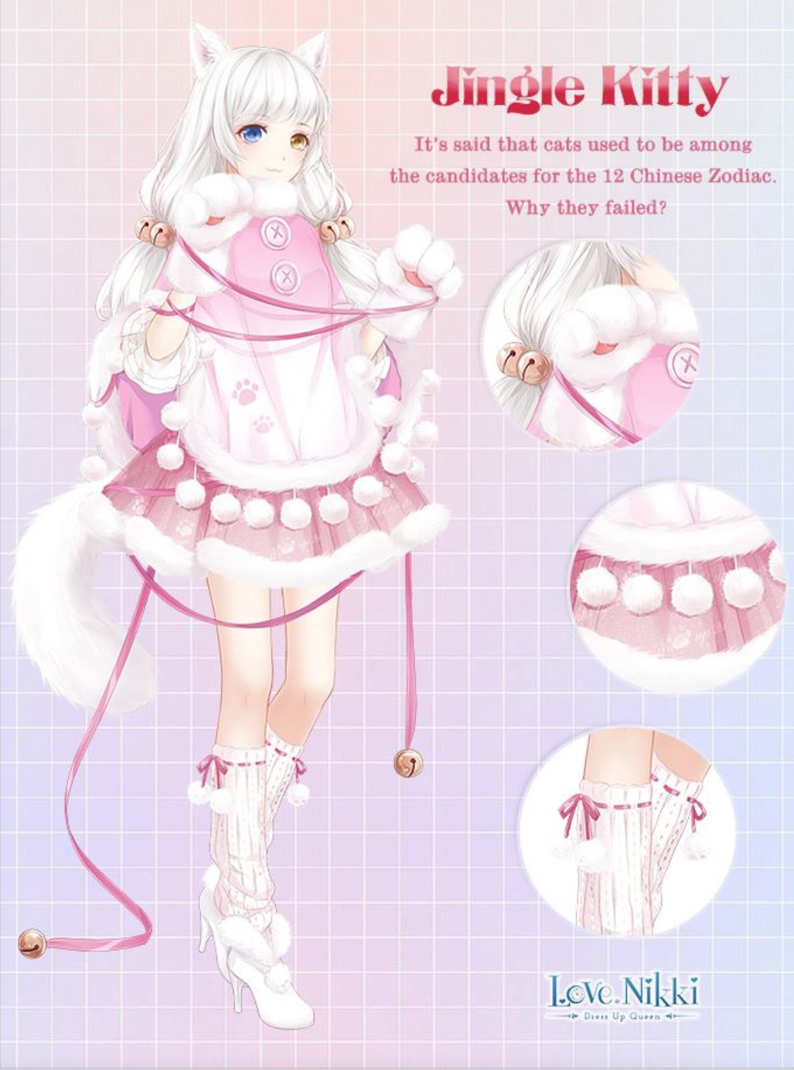 miracle nikki, nikki (series), artist request, highres, official art, 1girl, animal ears, animal hands, arm ribbon, bell, blue eyes, boots, cat ears, cat girl, cat tail, character name, close-up, colorful background, copyright name, english text, eyelashes, frilled sleeves, frills, full body, fur-trimmed boots, fur-trimmed poncho, fur-trimmed skirt, fur trim, gloves, gradient poncho, grid background, hair bell, hair ornament, happy, heterochromia, high heel boots, high heels, jingle kitty (miracle nikki), kneehighs, knees, logo, long hair, long sleeves, looking at viewer, loose socks, miniskirt, paw gloves, paw pose, paw print, paw print pattern, pink poncho, pink ribbon, pink shirt, pink skirt, pleated skirt, pom pom (clothes), puffy long sleeves, puffy sleeves, ribbon, ribbon-trimmed socks, ribbon legwear, ribbon trim, shirt, skirt, socks, solo, standing, stiletto heels, striped clothes, striped socks, tail, three-quarter sleeves, two-tone poncho, vertical-striped clothes, vertical-striped socks, wavy hair, white boots, white gloves, white hair, white poncho, white socks, yellow eyes