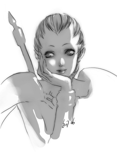 ophelia (claymore), claymore (series), lowres, 00s, 1girl, armor, claymore (sword), female focus, greyscale, monochrome, solo, sword, weapon