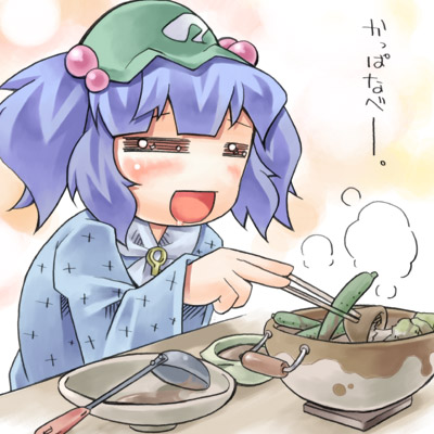 nyagakiya, kawashiro nitori, touhou, lowres, 1girl, chibi, cucumber, female focus, food, green hat, hair bobbles, hair ornament, hat, mushroom, solo, two side up, vegetable