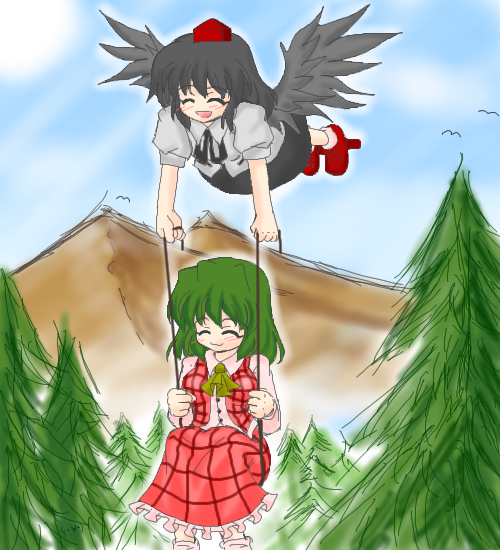 kazami yuuka, shameimaru aya, touhou, artist request, source request, 2girls, :3, :d, ^ ^, ascot, bird, black wings, carrying, closed eyes, female focus, flying, geta, green hair, happy, hat, long skirt, mountain, multiple girls, nature, on swing, open mouth, plaid clothes, plaid skirt, plaid vest, red eyes, short hair, skirt, skirt set, smile, swing, tengu-geta, tokin hat, tree, vest, wings