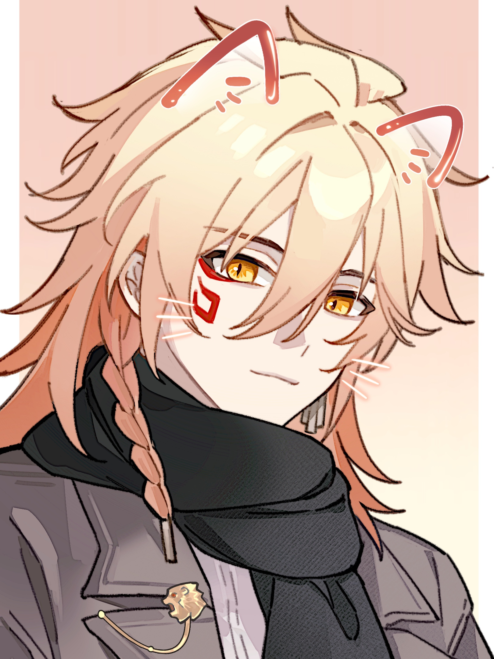 ruiz-tutu, mydei (honkai: star rail), honkai: star rail, honkai (series), chinese commentary, commentary request, highres, 1boy, animal ears, black sweater, blonde hair, braid, brown coat, cat ears, coat, drawn ears, drawn whiskers, facial tattoo, fake animal ears, gradient hair, hair between eyes, male focus, medium hair, multicolored hair, red hair, red tattoo, side braid, solo, sweater, tattoo, yellow eyes