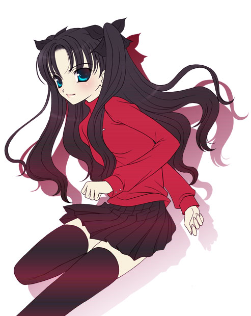 takenaka hisato, tohsaka rin, fate/stay night, fate (series), 00s, 1girl, black hair, black thighhighs, female focus, long hair, skirt, solo, sweater, thighhighs, zettai ryouiki