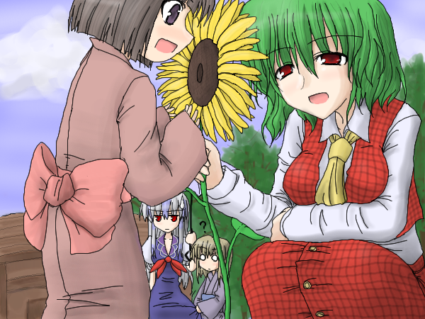 kamishirasawa keine, kazami yuuka, touhou, light purple hair, 4girls, alternate costume, ascot, bow, child, cloud, day, dress, female focus, green hair, japanese clothes, kimono, multiple girls, o o, plaid clothes, plaid skirt, plaid vest, purple dress, red eyes, short hair, sideways mouth, skirt, skirt set, smile, squatting, sweatdrop, vest