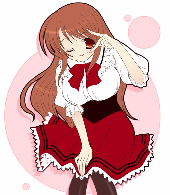 takenaka hisato, asahina mikuru, suzumiya haruhi no yuuutsu, 00s, 1girl, breasts, female focus, huge breasts, large breasts, long hair, maid, one eye closed, pantyhose, solo, wink