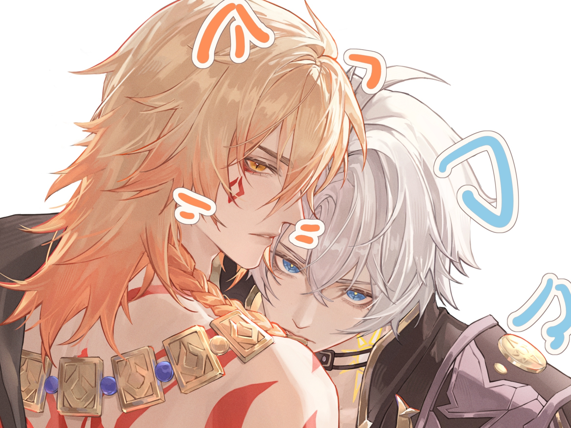 mydei (honkai: star rail), phainon (honkai: star rail), honkai: star rail, honkai (series), highres, 2boys, animal ears, antenna hair, arm tattoo, back tattoo, black choker, black coat, black shirt, blonde hair, blue eyes, braid, cat ears, choker, coat, dog ears, dog tail, drawn ears, drawn whiskers, facial tattoo, fake animal ears, fake tail, gold necklace, gradient hair, hair between eyes, hanchuanyeyoh, jewelry, male focus, medium hair, multicolored hair, multiple boys, neck tattoo, necklace, open clothes, open coat, red hair, red tattoo, shirt, short hair, side braid, simple background, sun symbol, sun tattoo, tail, tan, tattoo, white background, white hair, yaoi, yellow eyes