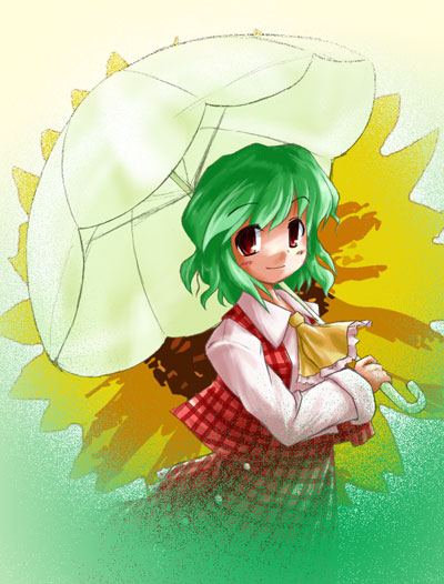 koto (keioteo), kazami yuuka, touhou, 1girl, ascot, female focus, flower, green hair, light smile, parasol, plaid clothes, plaid skirt, plaid vest, red eyes, short hair, skirt, skirt set, solo, sunflower, umbrella, vest