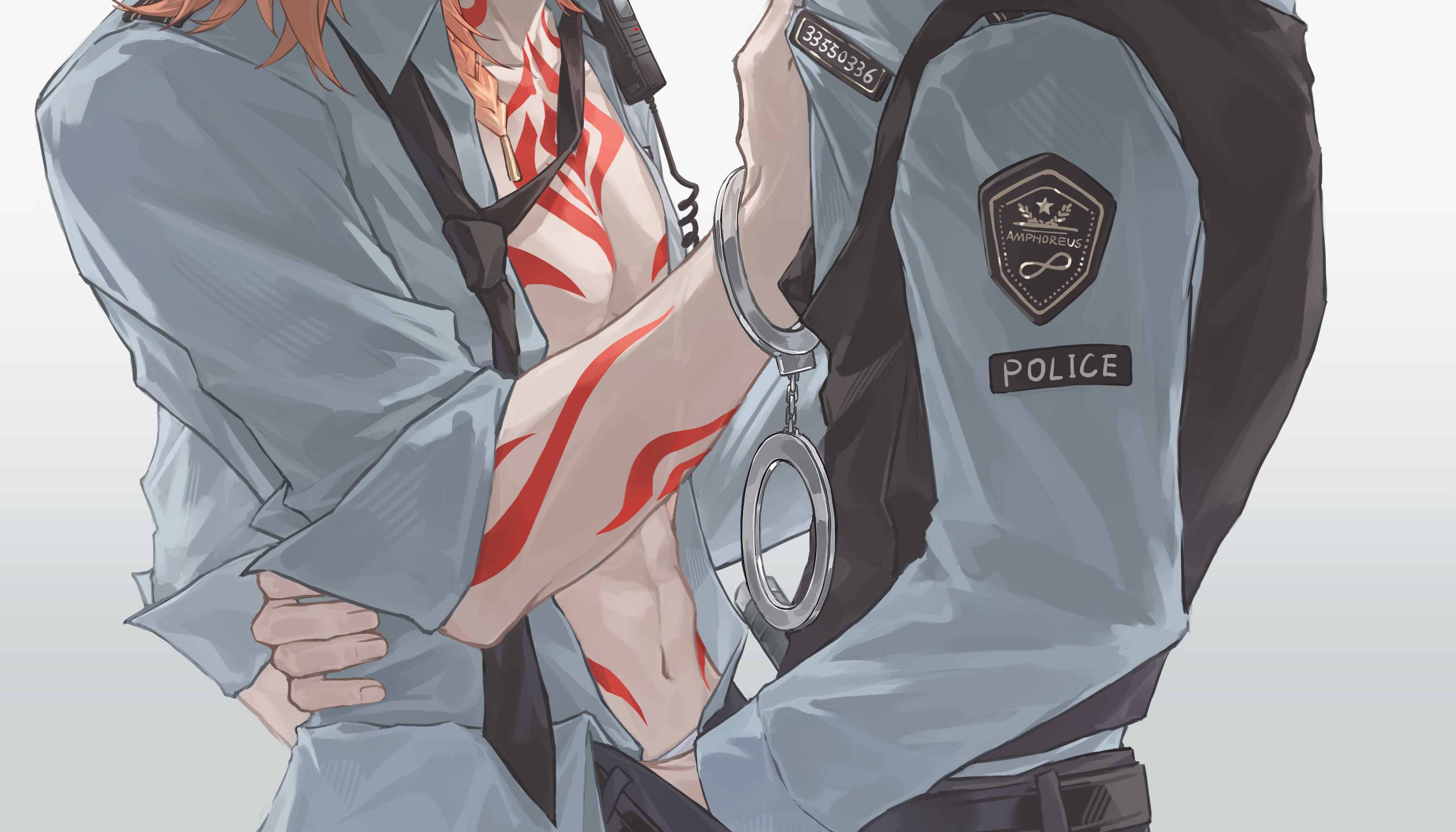 mydei (honkai: star rail), phainon (honkai: star rail), honkai: star rail, honkai (series), absurdres, chinese commentary, commentary request, highres, 2boys, arm tattoo, black necktie, black pants, black vest, chest tattoo, clothes grab, collared shirt, cuffs, groping, hanchuanyeyoh, hand on another's waist, handcuffs, loose necktie, male focus, multiple boys, necktie, pants, police, police uniform, red tattoo, shirt, shirt grab, simple background, tattoo, vest, white background, white shirt, yaoi