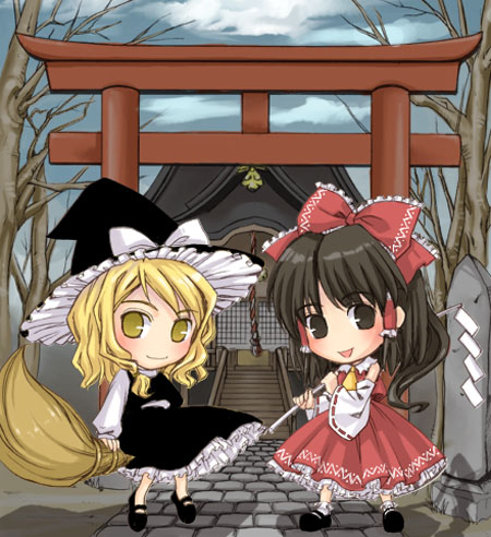 aro s, shimakusa arou, hakurei reimu, kirisame marisa, touhou, lowres, 2girls, bare tree, black eyes, black hair, blonde hair, broom, broom riding, chibi, female focus, gohei, hat, multiple girls, short hair, shrine, sidesaddle, smile, torii, tree, witch hat, yellow eyes