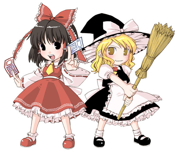 aro s, shimakusa arou, hakurei reimu, kirisame marisa, touhou, black footwear, red footwear, white legwear, 2girls, apron, ascot, between fingers, black eyes, black hair, black hat, black skirt, black vest, blonde hair, blush, bow, broom, chibi, detached sleeves, dual wielding, female focus, fighting stance, frilled apron, frilled skirt, frills, full body, hair bow, hair tubes, hat, hat bow, hat ribbon, holding, holding broom, legs apart, long hair, looking at viewer, mary janes, multiple girls, ofuda, ofuda between fingers, outstretched arms, puffy short sleeves, puffy sleeves, red bow, red ribbon, red skirt, ribbon, ribbon-trimmed sleeves, ribbon trim, shirt, shoes, short hair, short sleeves, simple background, skirt, socks, standing, swept bangs, vest, waist apron, white apron, white background, white bow, white ribbon, white shirt, witch hat, yellow eyes