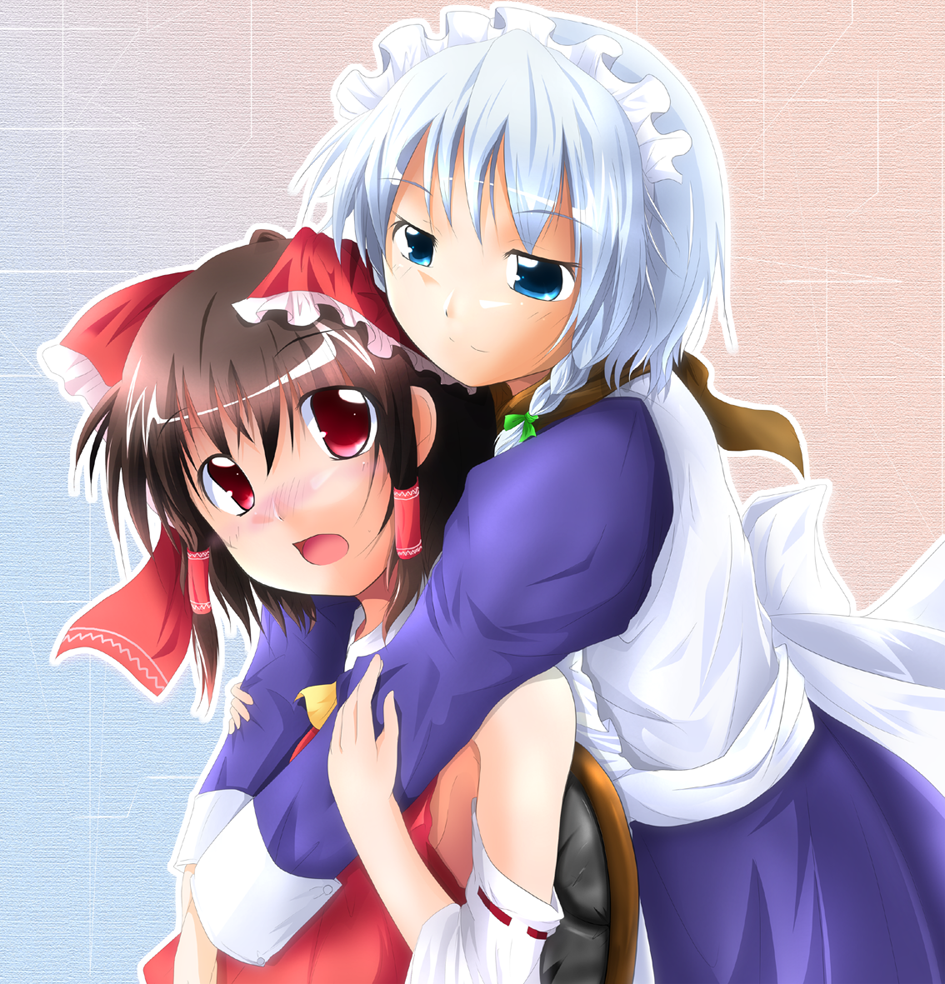 nanaume (shichimi tougarashi), hakurei reimu, izayoi sakuya, touhou, silver hair, 2girls, blush, braid, brown hair, detached sleeves, female focus, hug, hug from behind, japanese clothes, maid, miko, multiple girls, red eyes, yuri