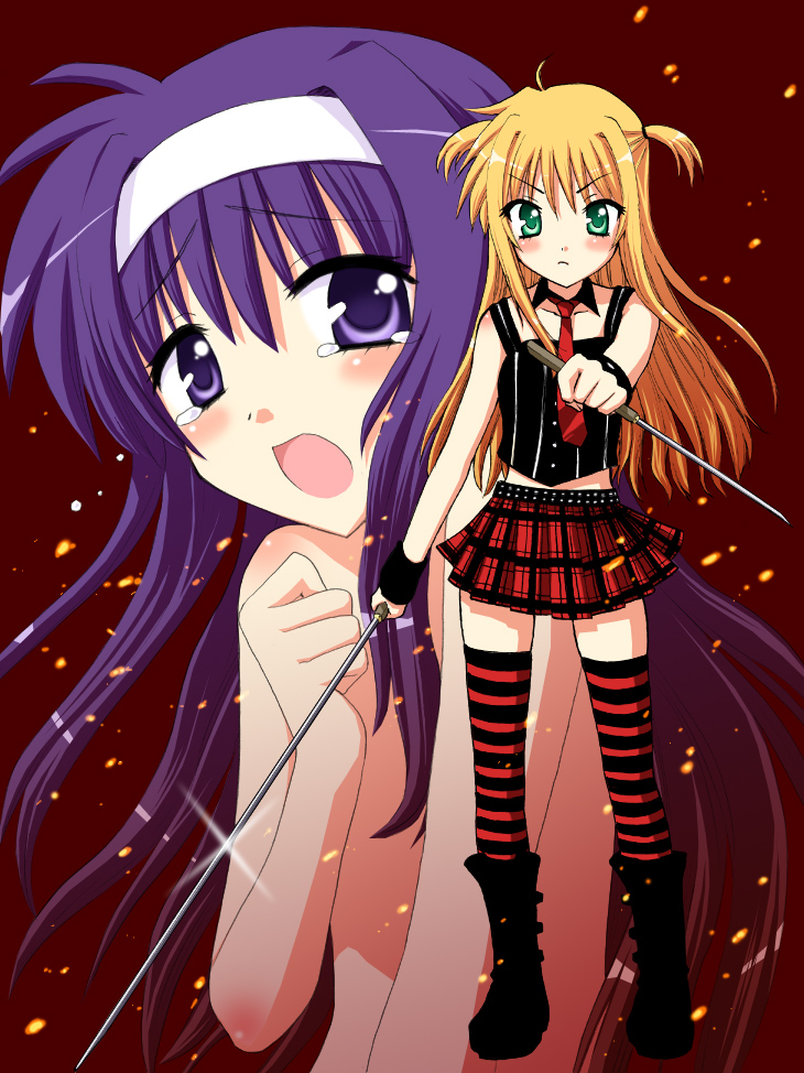 saki chisuzu, arisa bunnings, burning arisa, tsukimura suzuka, lyrical nanoha, mahou shoujo lyrical nanoha, striped legwear, 00s, blonde hair, flat chest, green eyes, loli, long hair, miniskirt, necktie, skirt, standing, striped clothes, striped thighhighs, sword, thighhighs, weapon, zettai ryouiki
