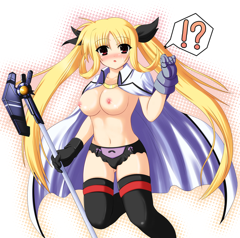 johnny (from scratch), bardiche (nanoha), fate testarossa, lyrical nanoha, mahou shoujo lyrical nanoha, 00s, 1girl, blonde hair, blush, breasts, cape, female focus, gloves, long hair, nipples, panties, red eyes, solo, thighhighs, topless female, twintails, underwear, very long hair