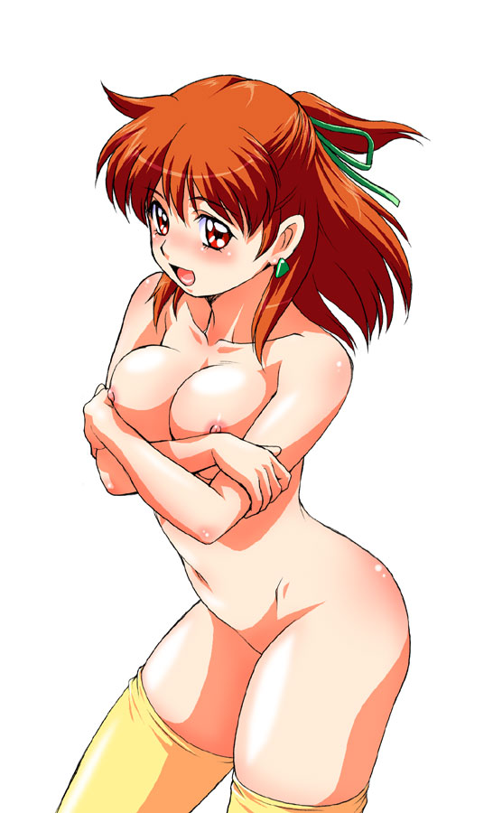 kouda tomohiro, anice farm, chouon senshi borgman, breast hold, 1girl, :d, borgman, breasts, breasts squeezed together, crossed arms, cyborg, earrings, female focus, from above, half updo, jewelry, looking at viewer, nipples, nude, open mouth, orange hair, red eyes, red hair, shiny skin, simple background, smile, solo, thighhighs, white background