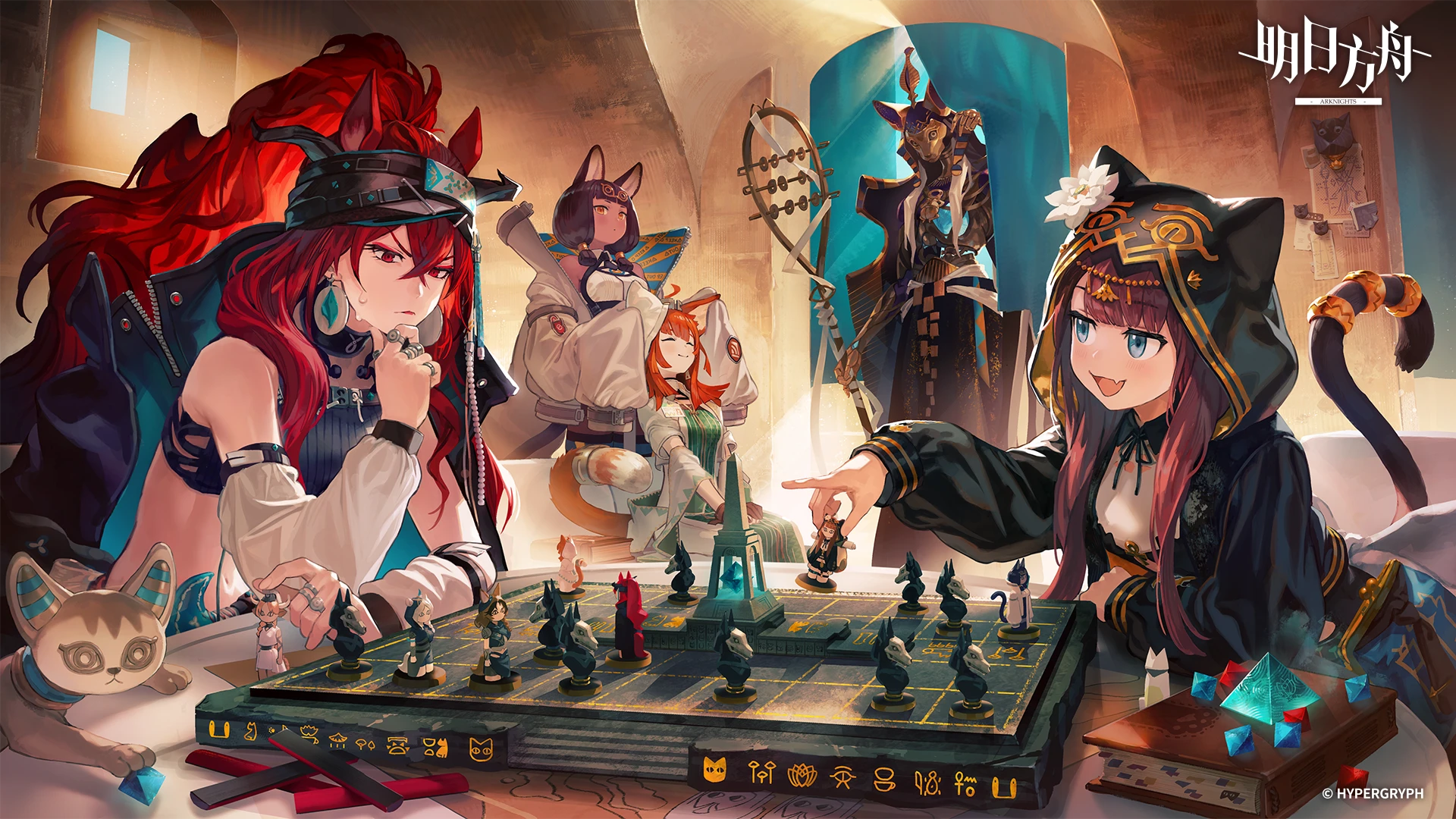 kal'tsit (arknights), medjehtiqedti (arknights), narantuya (arknights), papyrus (arknights), pepe (arknights), zubayr (arknights), arknights, highres, official art, 1boy, 4girls, :d, ^ ^, ajani (arknights), ajazi (arknights), animal ears, aspasia (arknights), bare shoulders, black hair, board game, book, brown hair, cat tail, chess piece, closed eyes, copyright name, detached sleeves, dress, eyeshadow, fang, green dress, hand on own chin, hand up, hood, indoors, jewelry, long hair, long sleeves, makeup, midriff, mio (beast lord) (arknights), multiple girls, navel, open mouth, red eyes, red hair, ring, skin fang, smile, tail, tail ornament, tail ring, very long hair