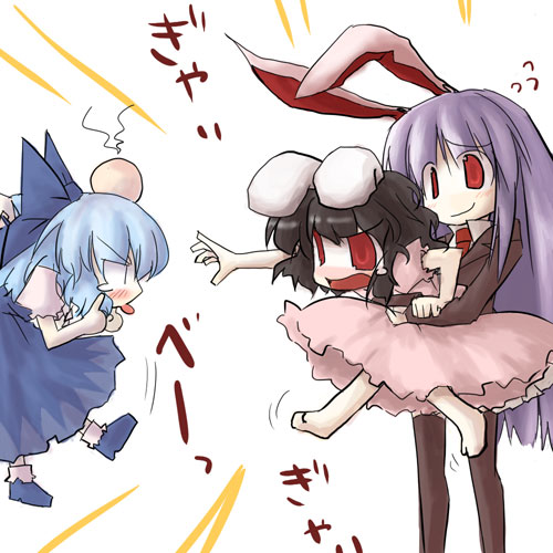 sasane, cirno, inaba tewi, reisen udongein inaba, touhou, lowres, 3girls, animal ears, barefoot, dress, female focus, multiple girls, rabbit ears, thighhighs, white background