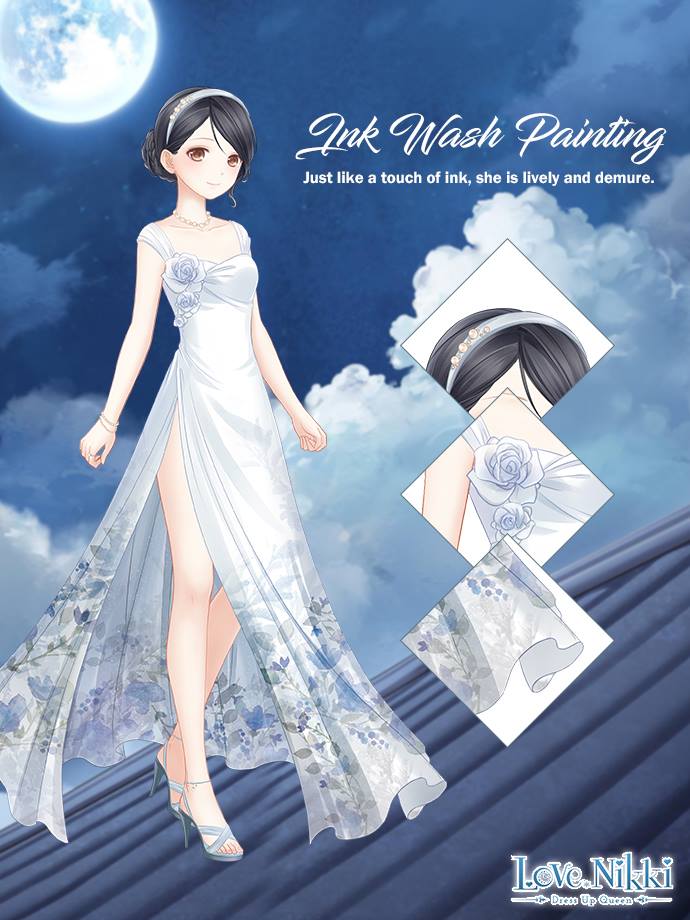 miracle nikki, nikki (series), artist request, official art, 1girl, bare legs, bare shoulders, bead bracelet, bead necklace, beads, black hair, blue sky, bracelet, brooch, brown eyes, character name, close-up, closed mouth, cloud, collarbone, copyright name, dress, english text, floral print, flower, flower brooch, full body, full moon, grey sandals, hair bun, hairband, happy, high heel sandals, high heels, ink wash painting (miracle nikki), jewelry, knees, light blush, logo, long dress, moon, necklace, night, night sky, on roof, outdoors, pleated dress, rose, sandals, short hair, side slit, single hair bun, sky, sleeveless, sleeveless dress, smile, solo, standing, stiletto heels, toes, updo, white dress, white flower, white hairband, white rose