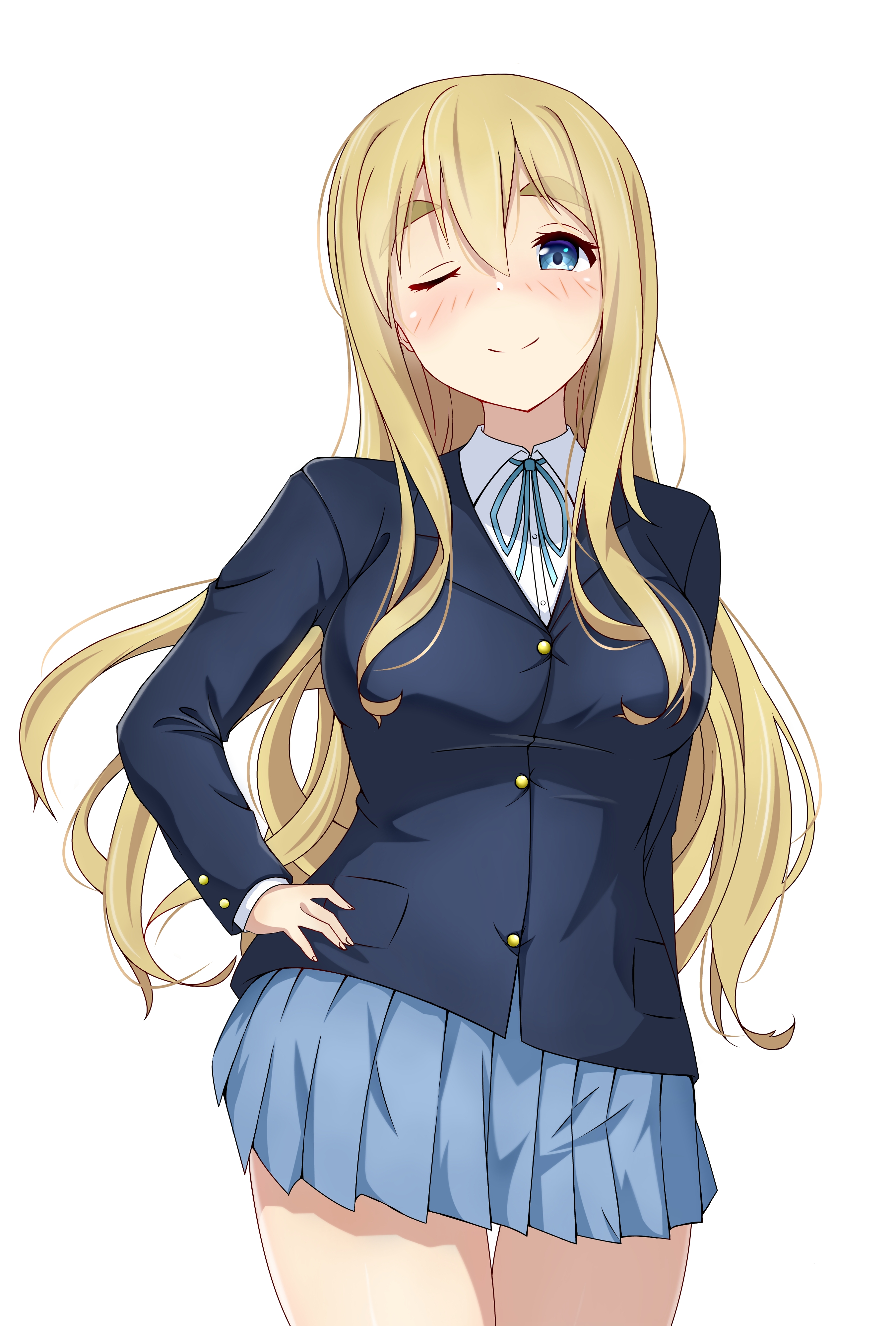 yasuc, kotobuki tsumugi, k-on!, absurdres, commentary, highres, 1girl, ;), blazer, blonde hair, blue eyes, blue jacket, blue skirt, blush, breasts, buttons, closed mouth, collared shirt, contrapposto, cowboy shot, dress shirt, hair between eyes, hand on own hip, jacket, large breasts, long hair, long sleeves, looking at viewer, neck ribbon, one eye closed, pleated skirt, ribbon, sakuragaoka high school uniform, school uniform, shirt, simple background, skirt, smile, solo, standing, thick eyebrows, thigh gap, very long hair, white background, white shirt