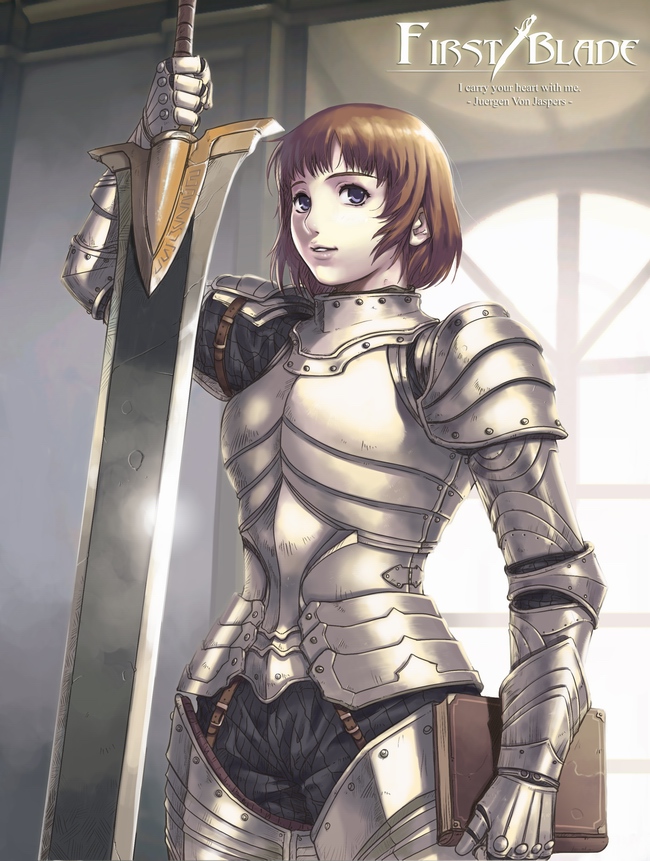eika (artist), original, ribbed legwear, 1girl, armor, book, breastplate, brown hair, buckle, copyright name, couter, cowboy shot, cuirass, cuisses, english text, female focus, first blade, gauntlets, gorget, greatsword, hands on hilt, holding, holding book, indoors, knight, long sleeves, parted lips, pauldrons, purple eyes, rerebrace, ribbed shirt, shirt, short hair, shoulder armor, sidelocks, sideways glance, smile, solo, standing, strap, sunlight, sword, vambraces, weapon, window