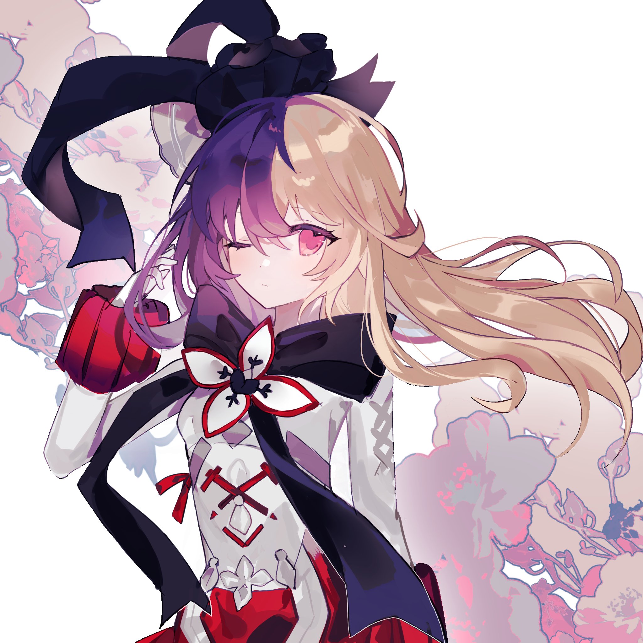 equal02, arcaea, highres, 1girl, black bow, black bowtie, black hair, black ribbon, blonde hair, bow, bowtie, breasts, flower, gloved sleeves, gloves, hair between eyes, hand in own hair, heterochromia, large bow, long hair, maya (arcaea), medium breasts, multicolored bow, multicolored hair, one eye closed, red eyes, red ribbon, ribbon, shirt, sidelocks, sleeve cuffs, solo, two-tone hair, upper body, very long hair, white background, white bow, white flower, white gloves, white petals, white shirt, white sleeves