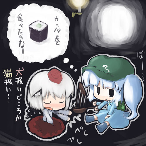 sasane, inubashiri momiji, kawashiro nitori, touhou, lowres, translation request, 2girls, chibi, female focus, hat, multiple girls, tokin hat, two side up