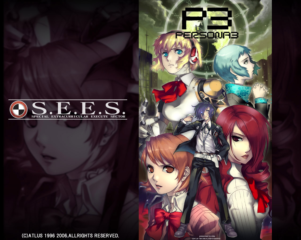eika (artist), aigis (persona), kirijou mitsuru, takeba yukari, yamagishi fuuka, yuuki makoto (persona 3), atlus, persona, persona 3, 1boy, 4girls, blonde hair, blue hair, bow, brown eyes, brown hair, digital media player, digital walkman, evoker, hair over one eye, headphones, multiple girls, red eyes, red hair, ribbon, walkman nw-s203f