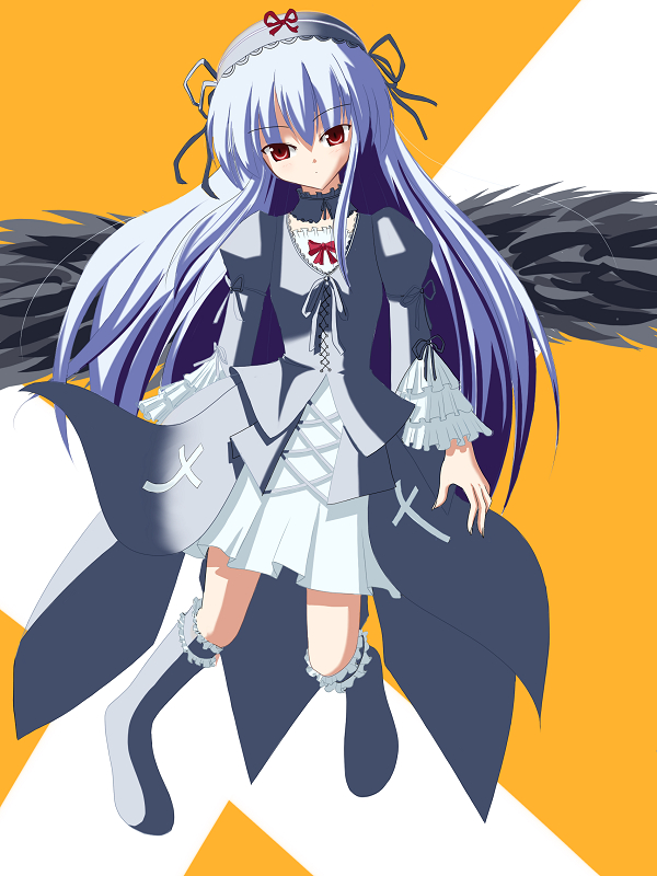 fictional sister, suigintou, rozen maiden, 00s, dress, goth fashion, long hair, red eyes, solo, wings