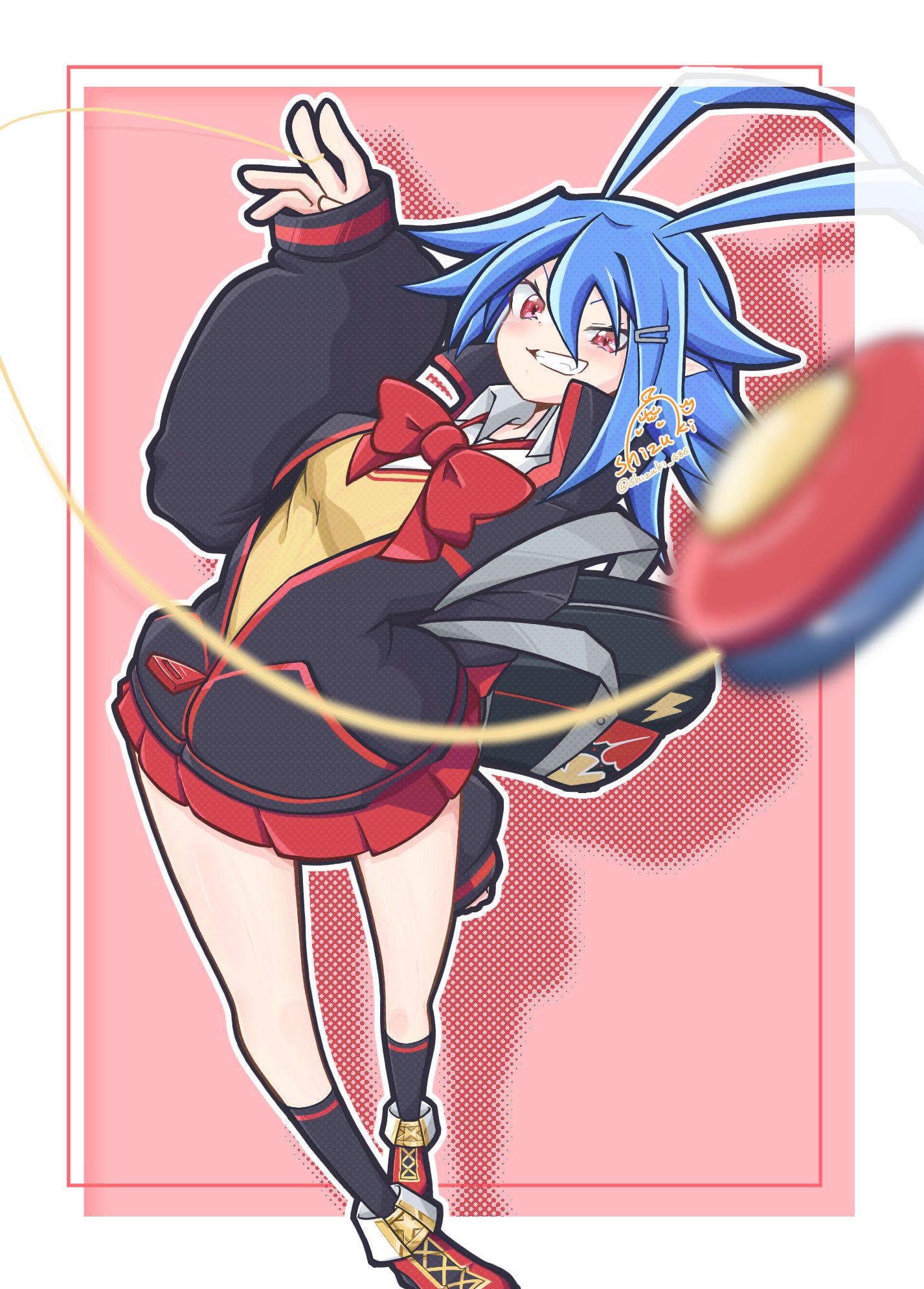laharl-chan, disgaea, disgaea rpg, highres, 1girl, antenna hair, artist name, ben-day dots, black jacket, black socks, blue hair, bow, breasts, briefcase, demon girl, dress shirt, genderswap, genderswap (mtf), grin, hair ornament, hairclip, jacket, lightning bolt print, outside border, pleated skirt, red bow, red eyes, red shoes, red skirt, school briefcase, school uniform, screentones, shadow, shirt, shizuki 486, shoes, skirt, smile, socks, spiked hair, sweater vest, twitter username, two-tone background, yo-yo