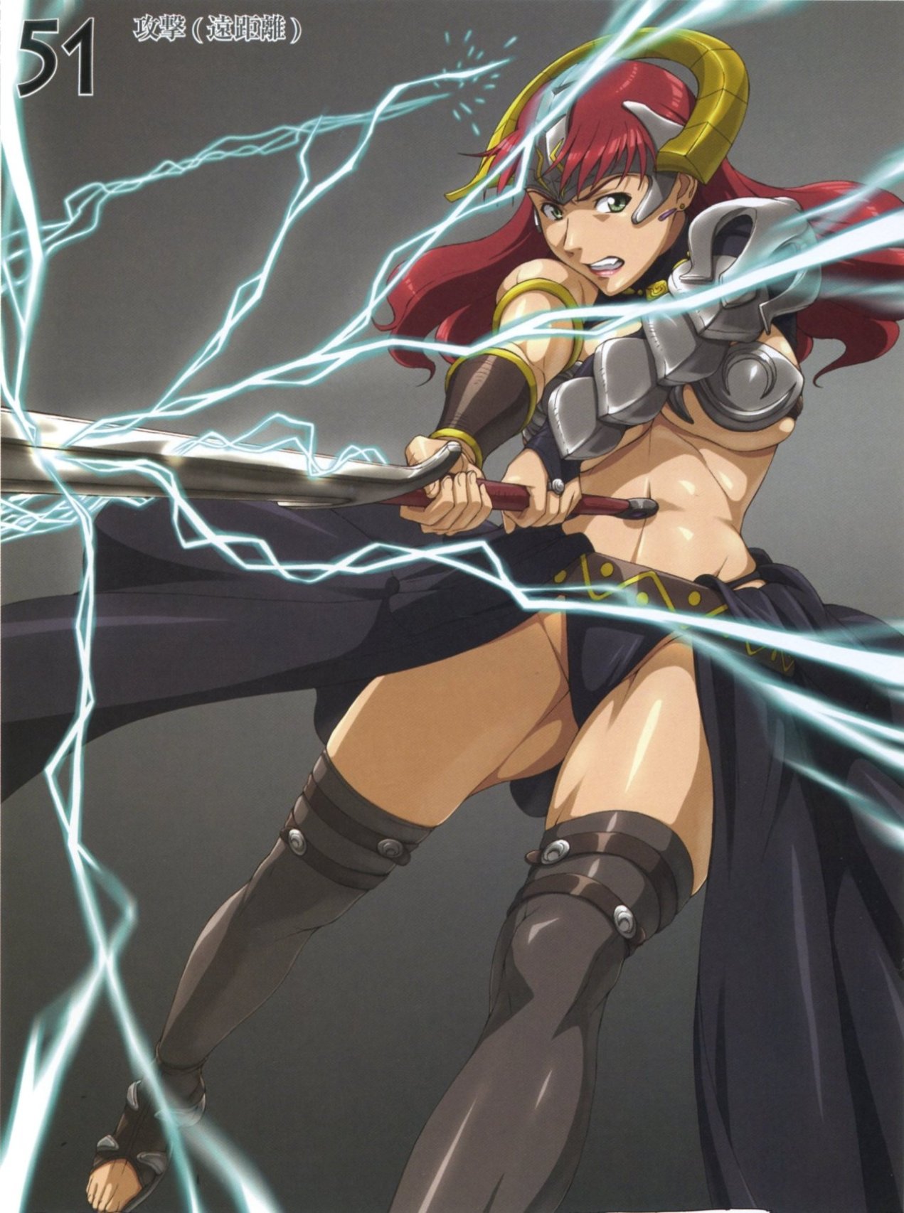 hisayuki hirokazu, nigou, claudette (queen's blade), claudette lord of thundercloud, queen's blade, highres, 00s, 1girl, armor, bikini armor, breasts, female focus, green eyes, helmet, large breasts, lightning, red hair, revealing clothes, solo, sword, teeth, thighhighs, weapon