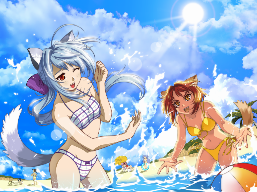 eika (artist), bianka, china (yogurting), karen (yogurting), mei (yogurting), moka (yogurting), souchong, suiren (yogurting), yogurting, 1boy, 6+girls, animal ears, ball, beach, beachball, bikini, blue hair, cloud, day, dog ears, flat chest, happy, innertube, lens flare, long hair, multiple girls, one eye closed, outdoors, plaid bikini, plaid clothes, ponytail, red hair, short hair, side-tie bikini bottom, sky, splashing, sun, swim ring, swimsuit, tail, umbrella, wading, water, wink, yellow eyes