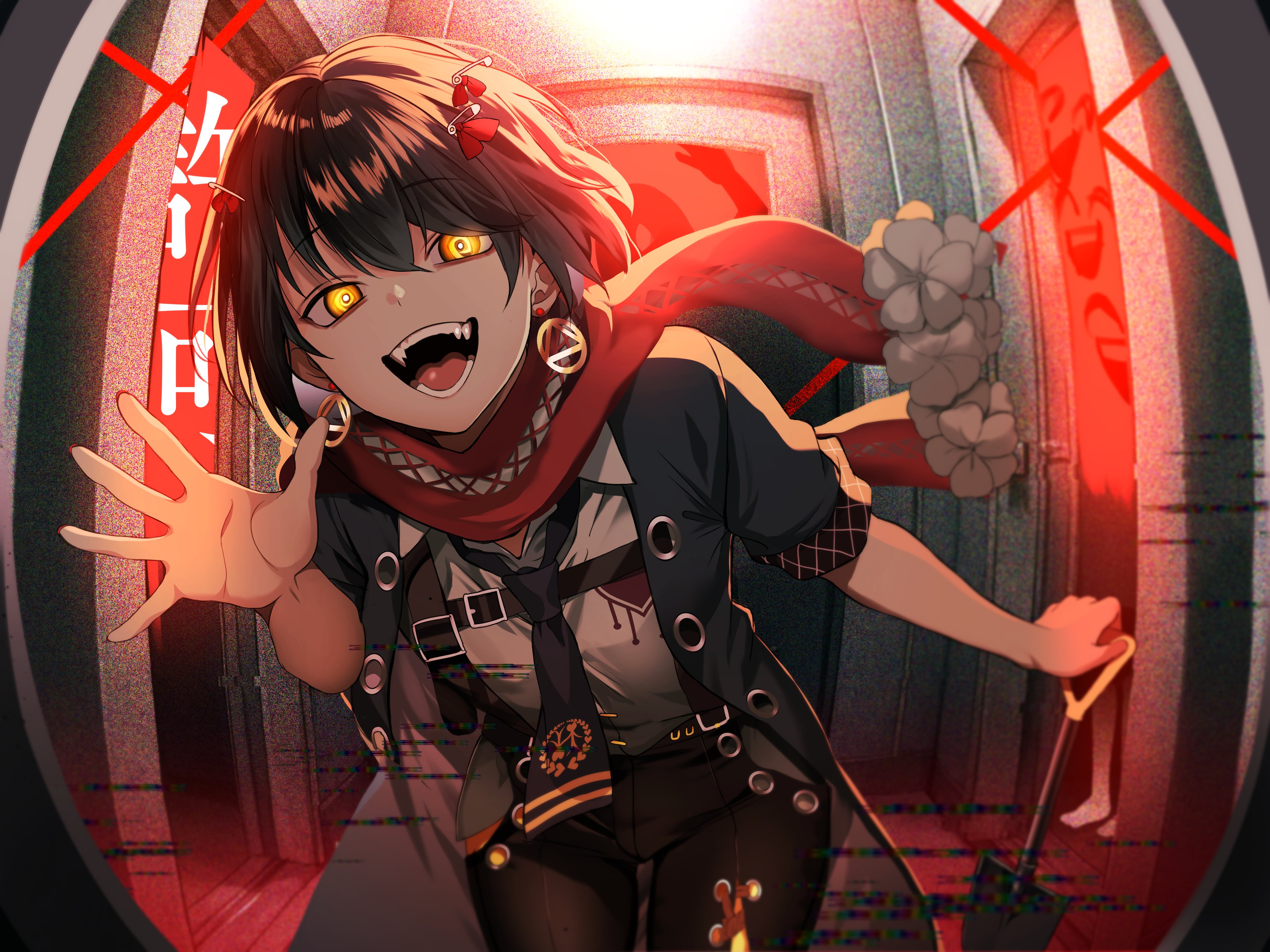 mashiro meme, mashiro meme (1st costume), nijisanji, absurdres, highres, 1boy, black hair, black pants, blurry, coat, collared shirt, cowboy shot, depth of field, fangs, film grain, fisheye, flower trim, glowing, glowing eyes, holding, holding shovel, leaning forward, lem30be, looking at viewer, male focus, necktie, open mouth, pants, red scarf, safety pin hair ornament, scarf, shirt, short hair, shovel, smile, solo, suspenders, teeth, trap, virtual youtuber, white shirt, yellow eyes