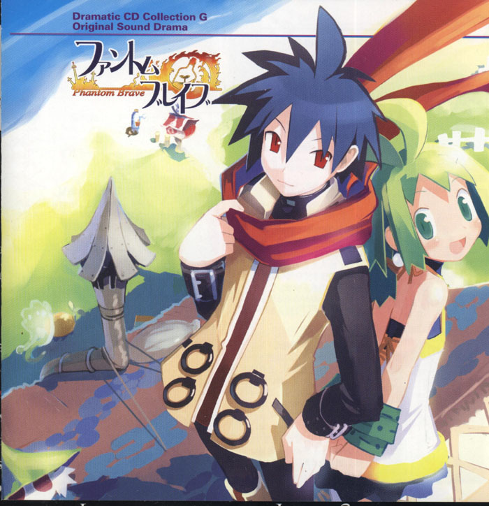 harada takehito, ash (phantom brave), marona (phantom brave), putty (phantom brave), nippon ichi, phantom brave, 1boy, 1girl, :d, back-to-back, bare shoulders, black hair, bracelet, building, chimney, dress, green eyes, green hair, house, jewelry, long hair, looking at viewer, open mouth, outdoors, red eyes, red scarf, rooftop, scarf, short hair, sleeveless, sleeveless dress, smile, spiked hair, white dress