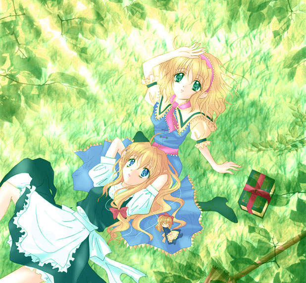 ringo apple, ringo appuru, alice margatroid, kirisame marisa, shanghai doll, touhou, 2girls, apron, arms behind head, arms up, blonde hair, blue dress, blue eyes, book, dress, female focus, from above, green eyes, grimoire, lap pillow, looking afar, looking up, multiple girls, no headwear, puffy short sleeves, puffy sleeves, short hair, short sleeves, waist apron, yuri